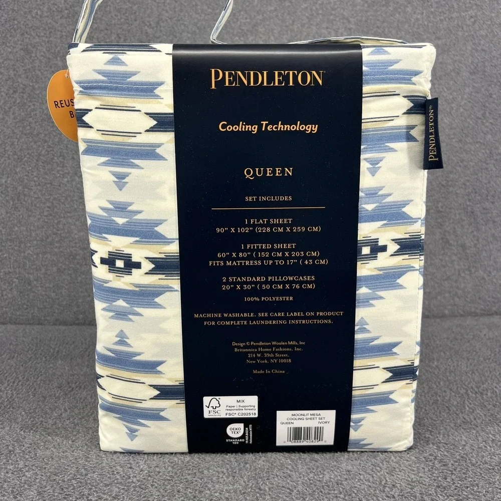 Pendleton QUEEN Sheet Set Cooling Technology Moonlit Mesa Blue Ivory Aztec‎